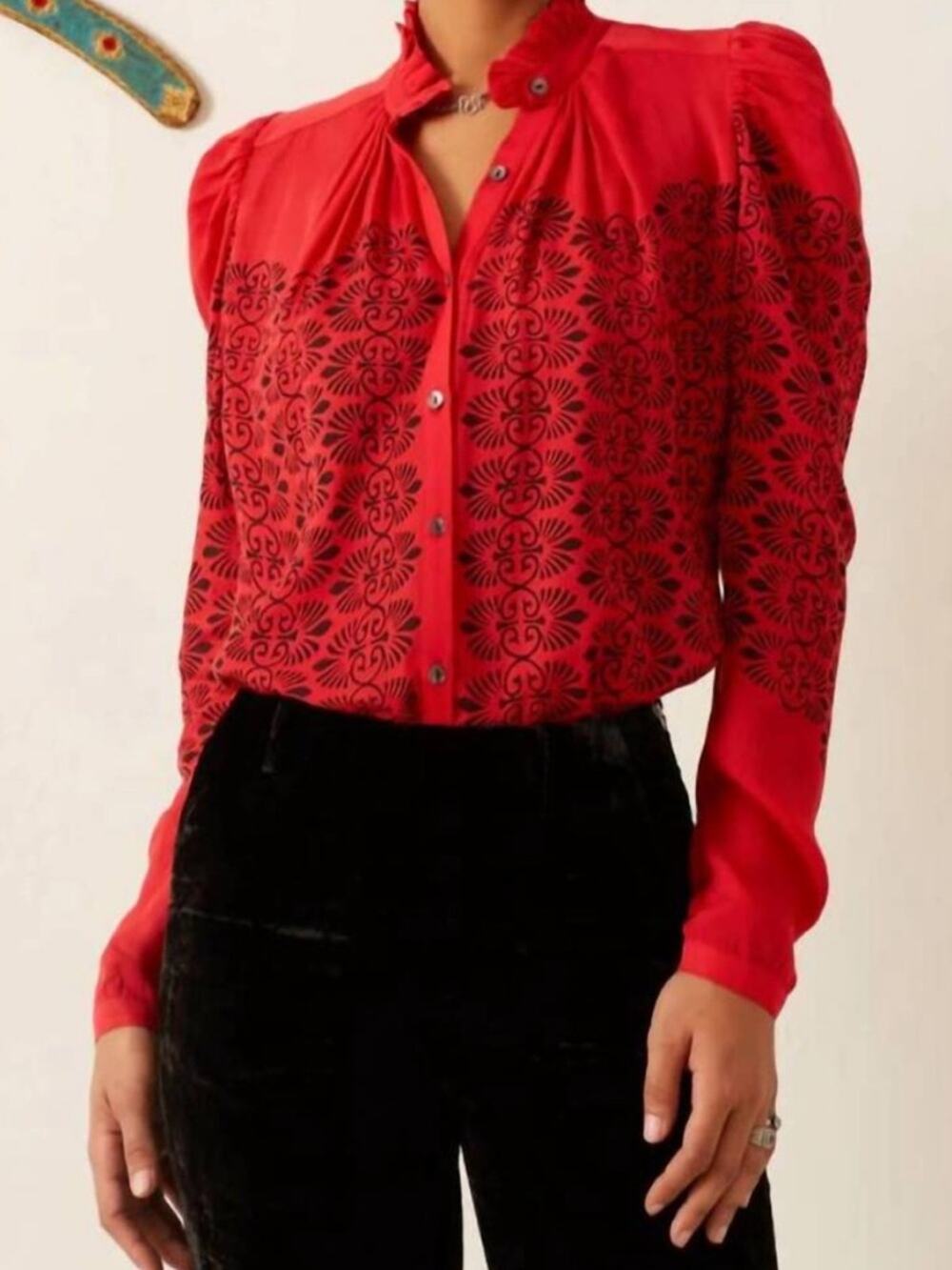 ALIX OF BOHEMIA Artemis Trellis Shirt Red Cherry Button Ruffle Designer Top Med